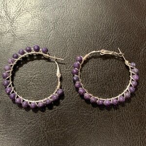 ⭐️2/$10 Purple Turquoise Beaded Hoops Wire Wrapped Silver Earrings